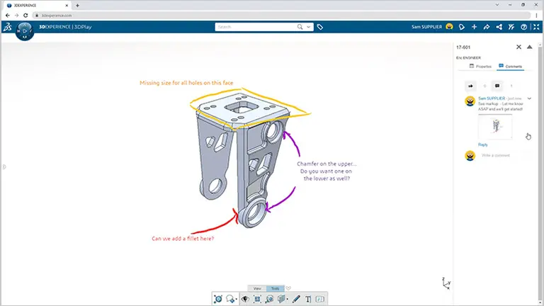Screenshot of the SOLIDWORKS Cloud Services 'Share & Markup' tool being used to annotate and communicate design decisions